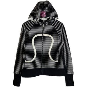 Lululemon Black White Horizontal Stripes Scuba Hoodie Thumb holes Full Zip 10